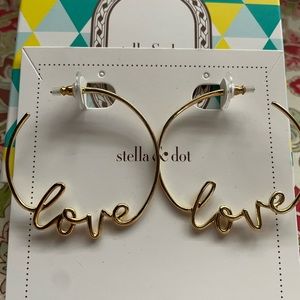 Stella & Dot, new in box, gold hoop “love” earrings